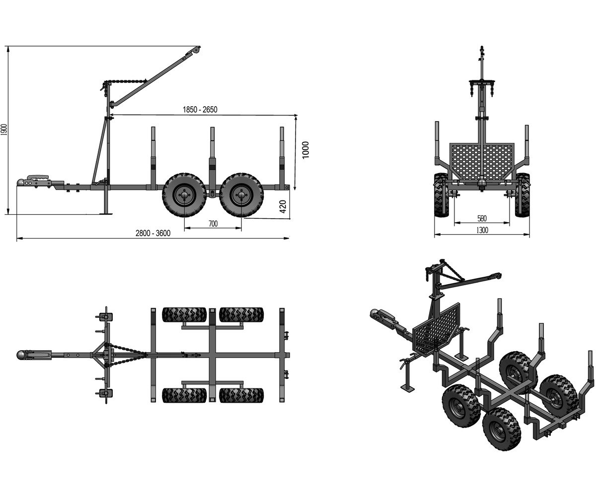 Remorque forestière double essieu 4 roues 1400kg 1800-2650x1300x1000mm avec grue de levage Torros - Image 7