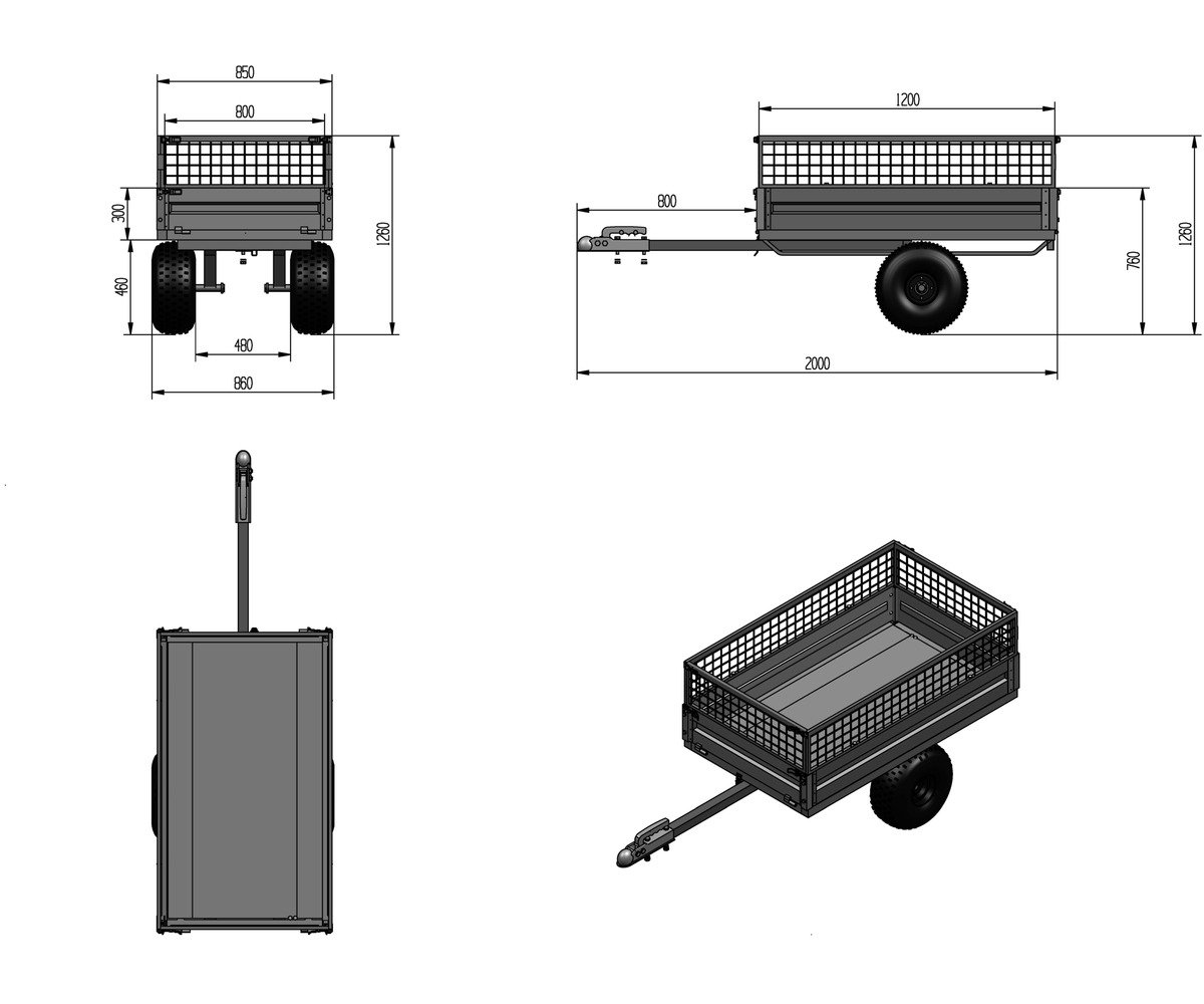Remorque simple essieu 350kg benne galvanisée basculante 1200x850x300 mm + réhausses Torros - Image 3