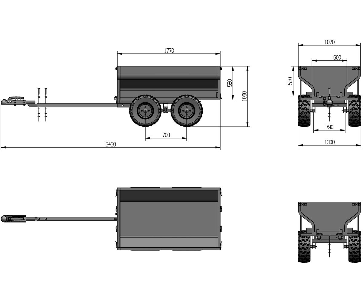 Remorque double essieu 4 roues 1000kg benne galvanisée basculante 1770x1070x580 mm - Image 8