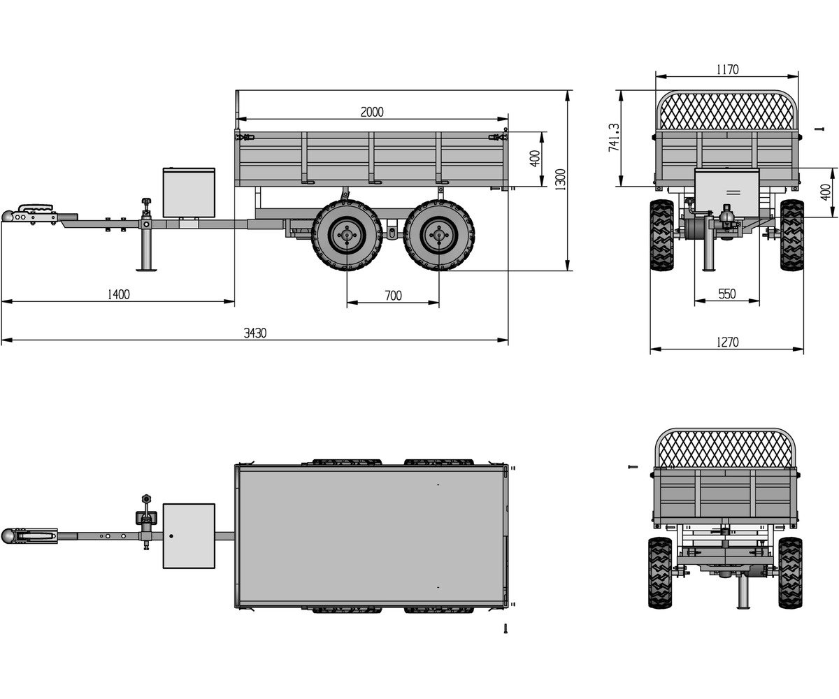 Remorque double essieu 4 roues 1400kg benne galvanisée basculante hydraulique 2000x1170x400mm - Image 7