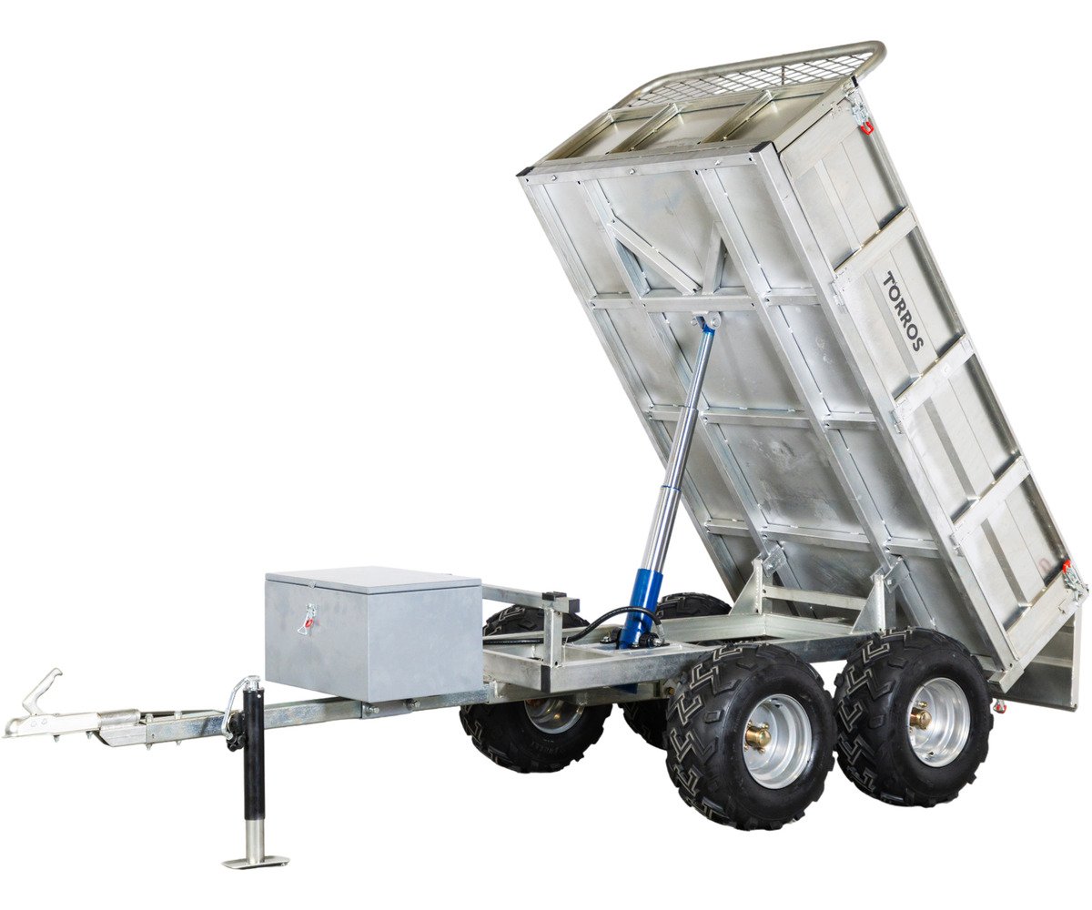 Remorque double essieu 4 roues 1400kg benne galvanisée basculante hydraulique 2000x1170x400mm
